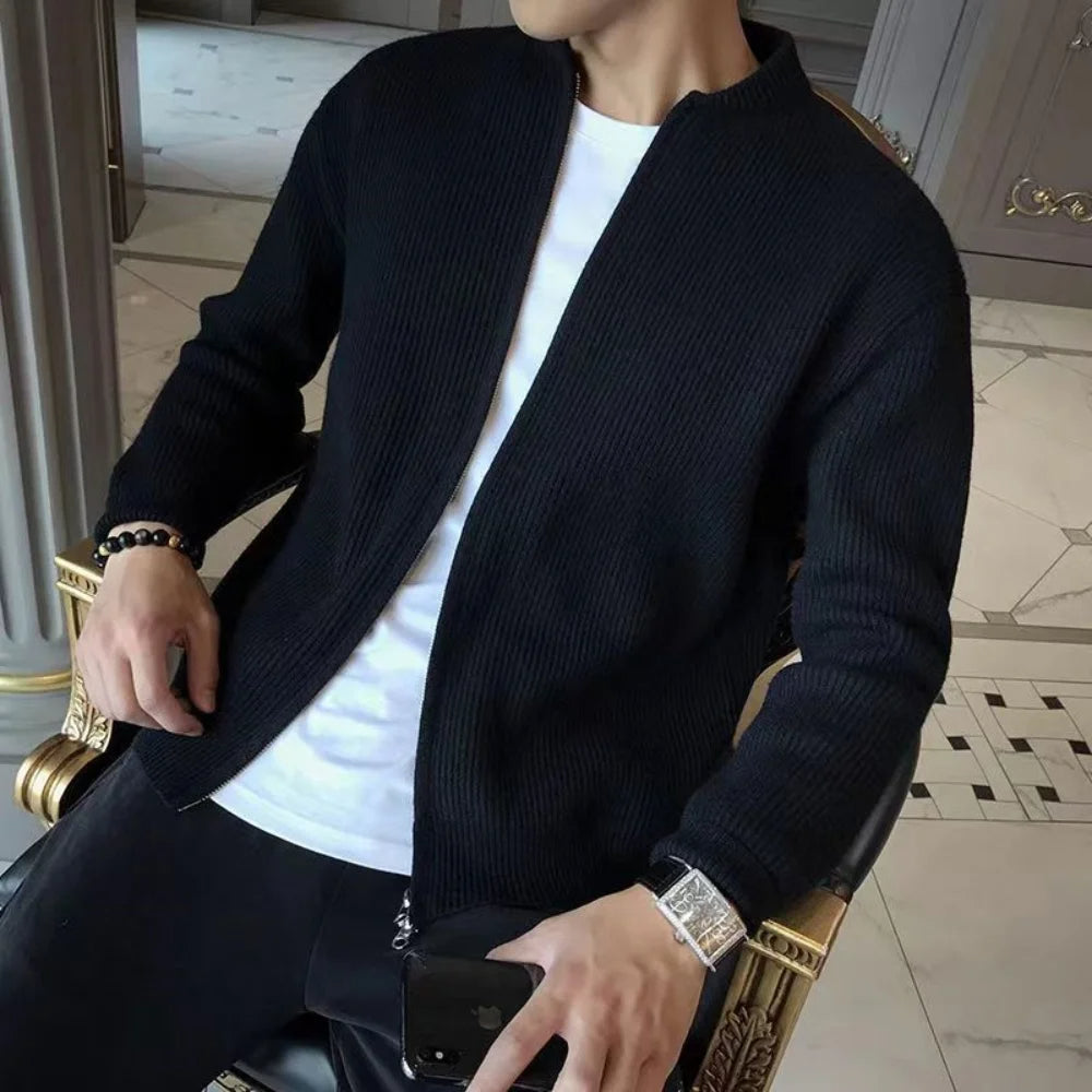 Men's Ribbed Zip-Up Cardigan with Long Sleeves