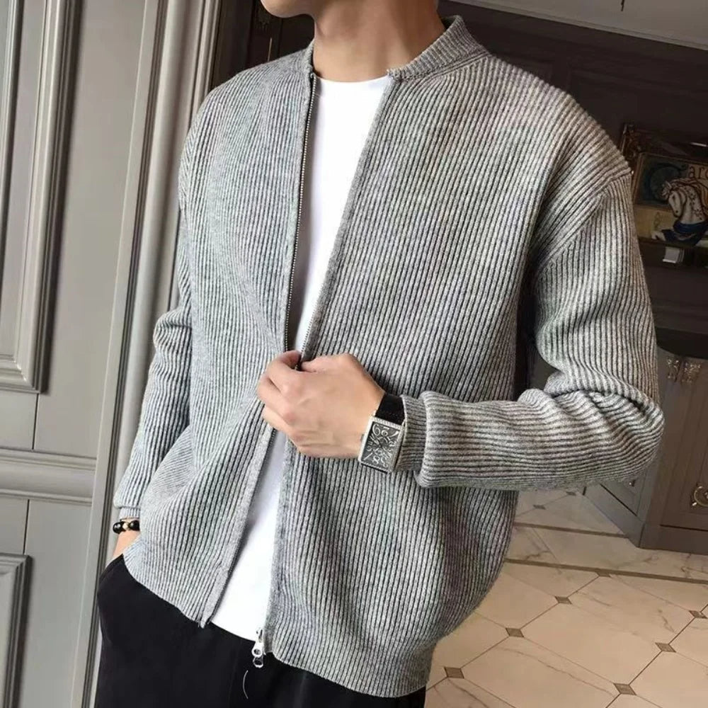 Men's Ribbed Zip-Up Cardigan with Long Sleeves