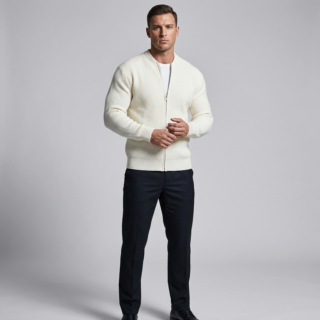 Men's Ribbed Zip-Up Cardigan with Long Sleeves