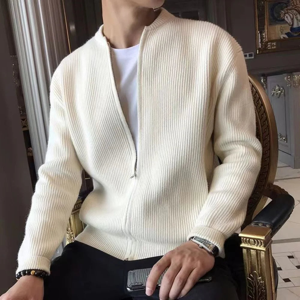 Men's Ribbed Zip-Up Cardigan with Long Sleeves