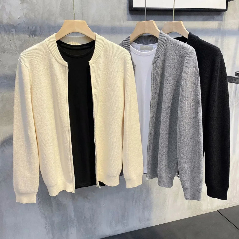Men's Ribbed Zip-Up Cardigan with Long Sleeves