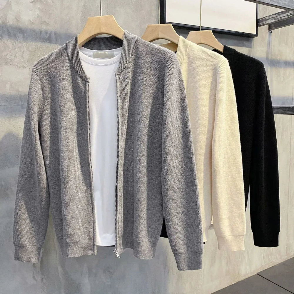 Men's Ribbed Zip-Up Cardigan with Long Sleeves