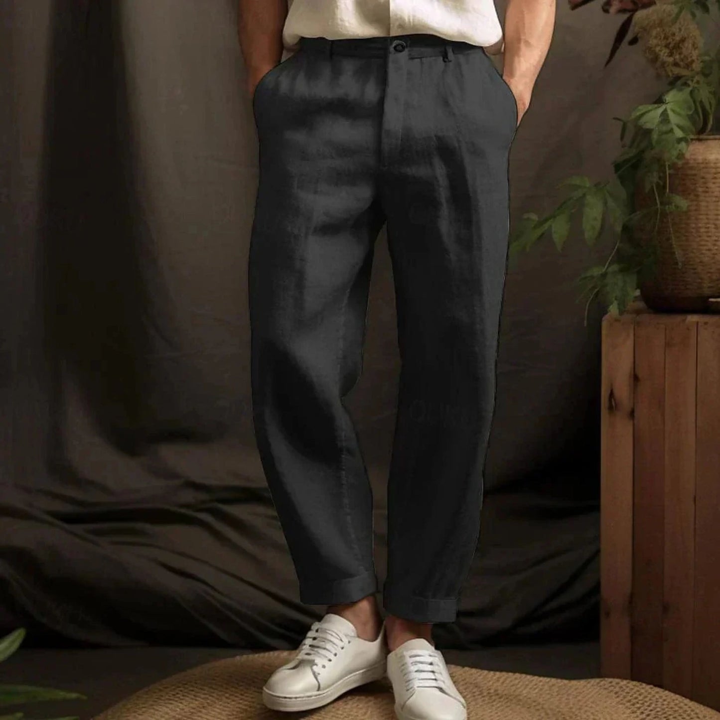 Men's Straight Linen Pants with Relaxed Fit