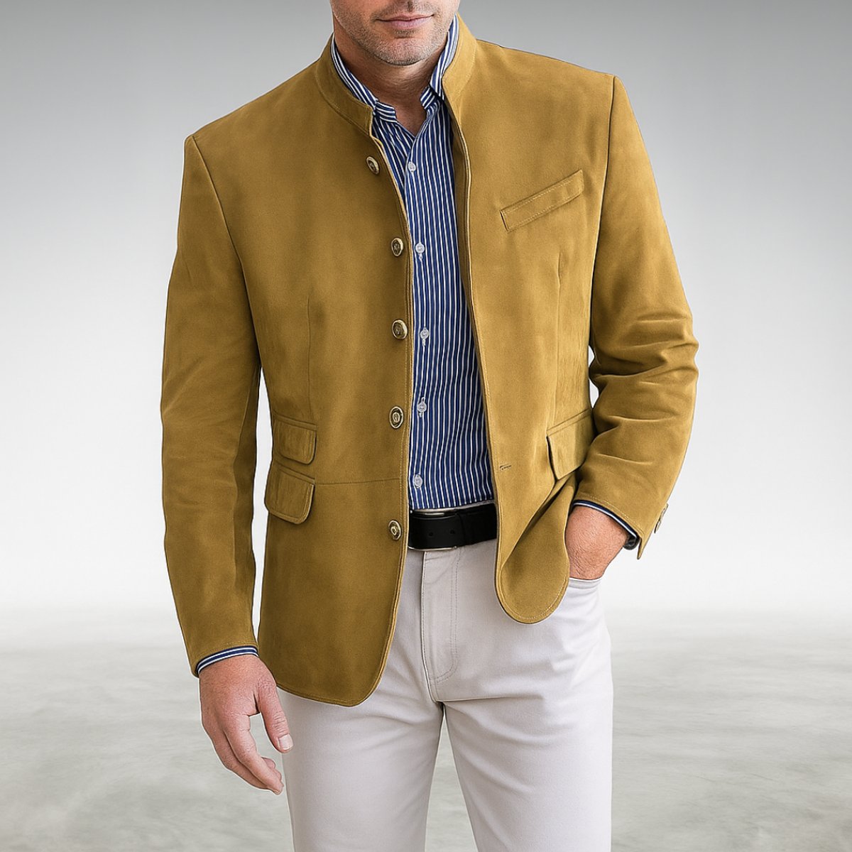 Men's Structured Mandarin-Collar Button-Front Blazer Jacket