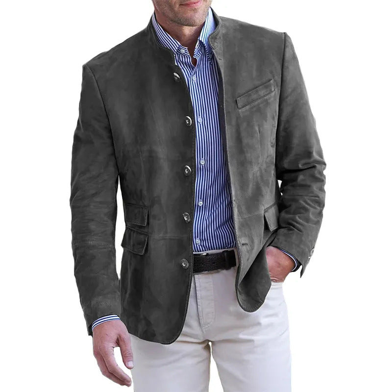 Men's Suede Leather Stand Collar Blazer with Flap Pockets