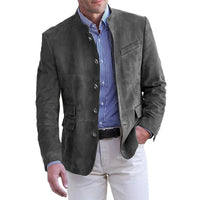 Men's Suede Leather Stand Collar Blazer with Flap Pockets