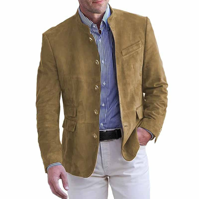 Men's Suede Leather Stand Collar Blazer with Flap Pockets