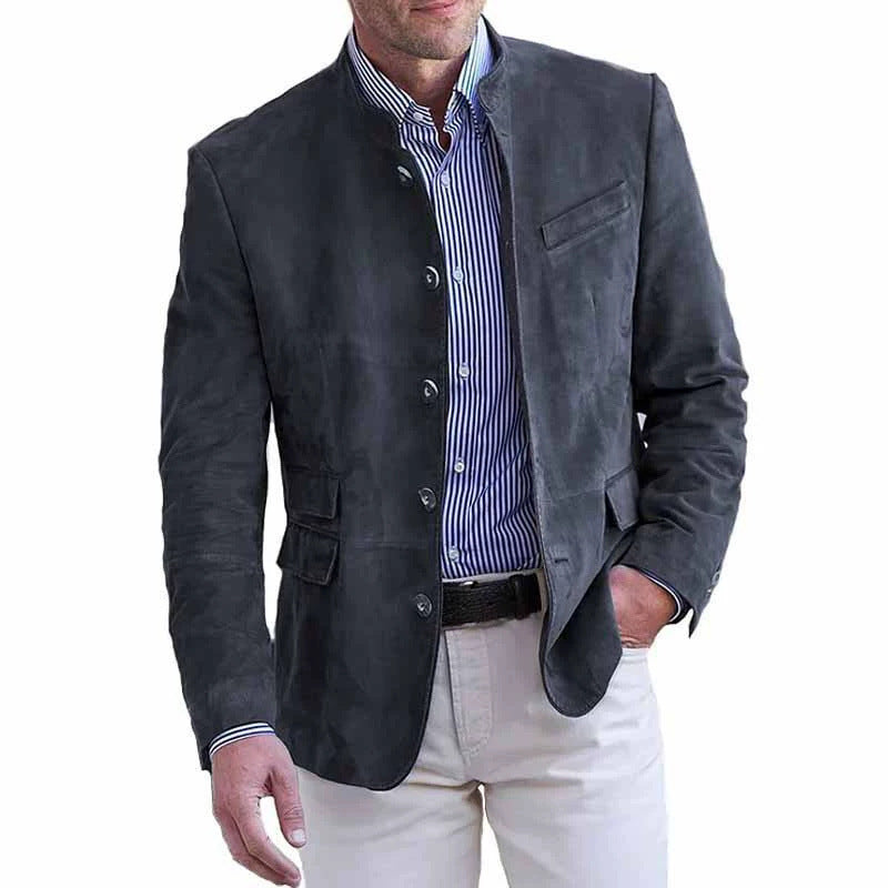 Men's Suede Leather Stand Collar Blazer with Flap Pockets