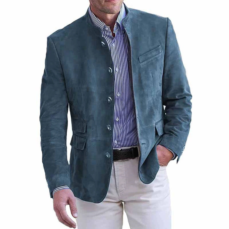 Men's Suede Leather Stand Collar Blazer with Flap Pockets