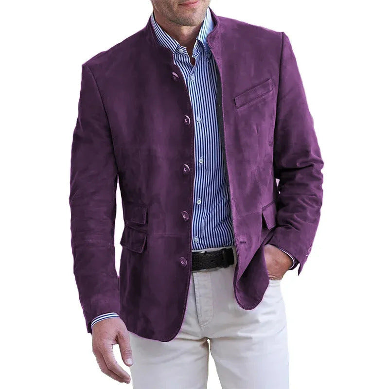 Men's Suede Leather Stand Collar Blazer with Flap Pockets