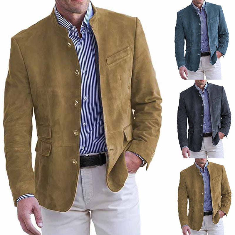 Men's Suede Leather Stand Collar Blazer with Flap Pockets