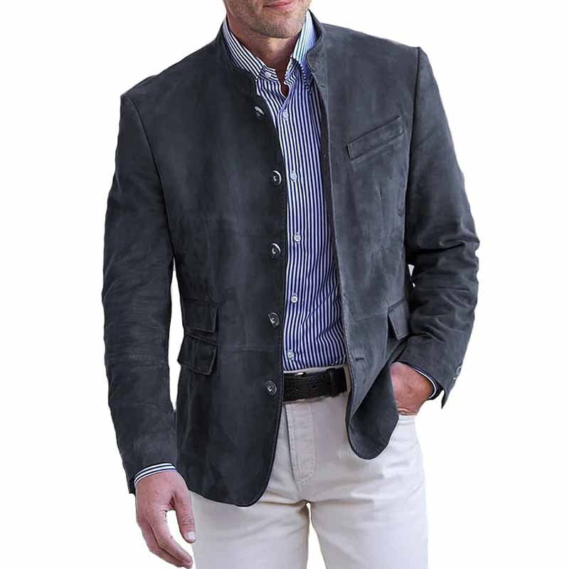 Men's Suede Leather Stand Collar Blazer with Flap Pockets