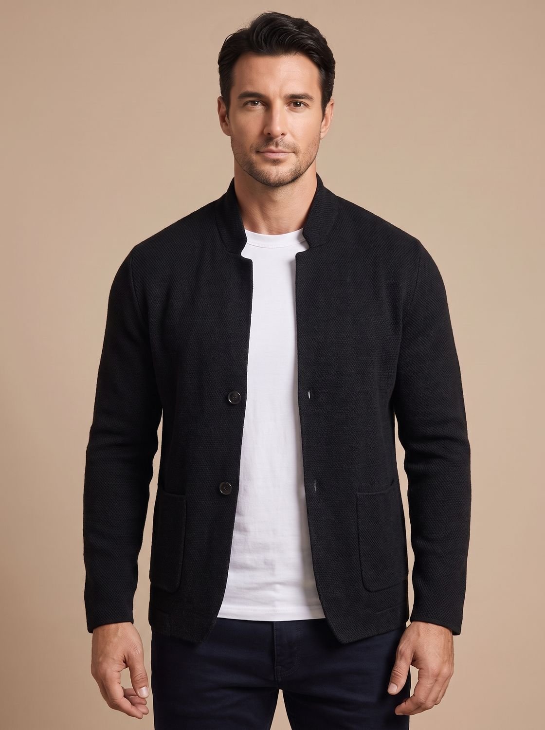 Men's Textured Knit Button-Front Stand-Collar Cardigan