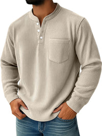 Men's Thermal Waffle Knit Henley Shirt with Stand-Up Collar and Chest Pocket