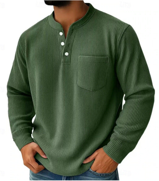 Men's Thermal Waffle Knit Henley Shirt with Stand-Up Collar and Chest Pocket