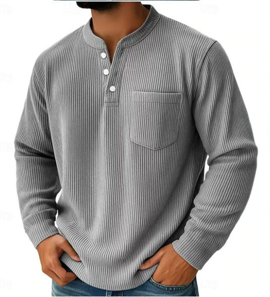 Men's Thermal Waffle Knit Henley Shirt with Stand-Up Collar and Chest Pocket