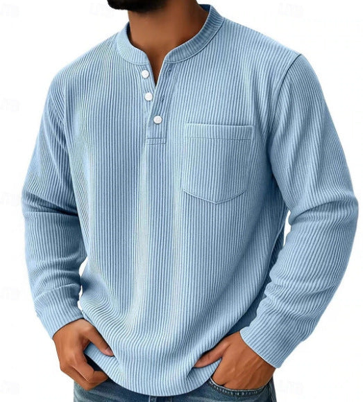 Men's Thermal Waffle Knit Henley Shirt with Stand-Up Collar and Chest Pocket
