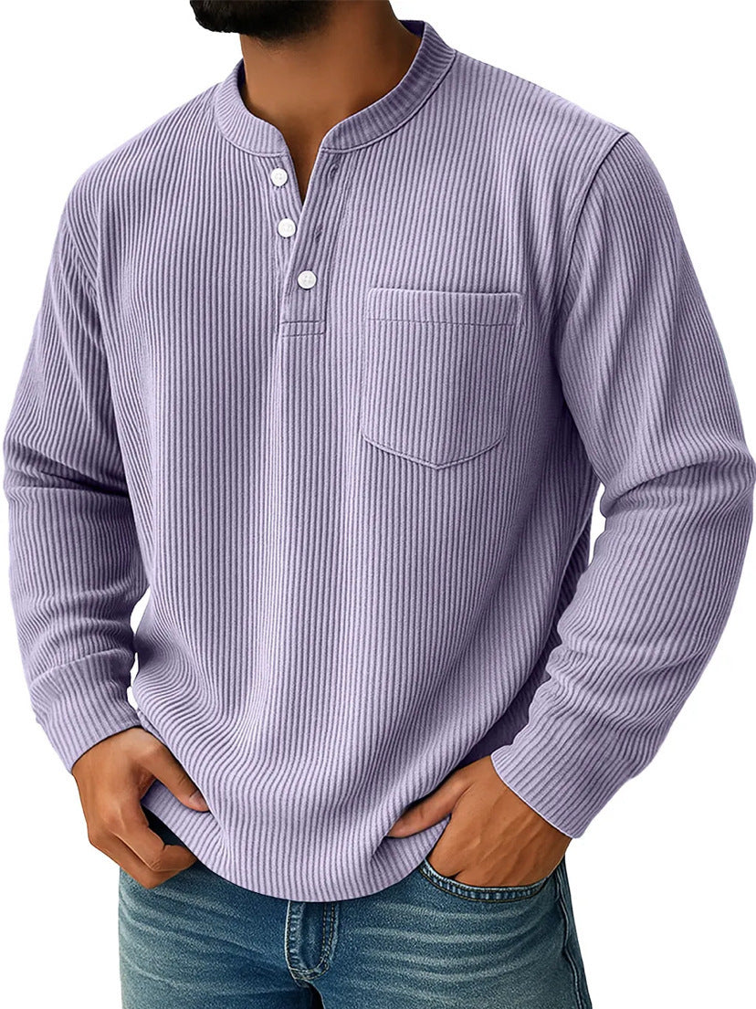 Men's Thermal Waffle Knit Henley Shirt with Stand-Up Collar and Chest Pocket