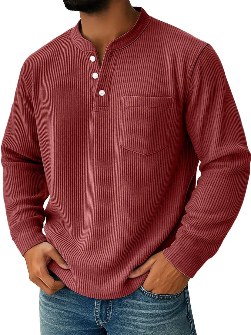 Men's Thermal Waffle Knit Henley Shirt with Stand-Up Collar and Chest Pocket