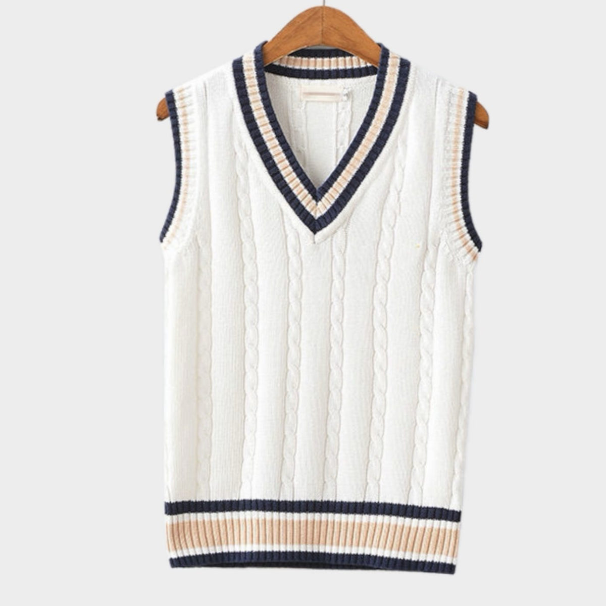 Men's V-Neck Cable Knit Striped Trim Sleeveless Sweater Vest