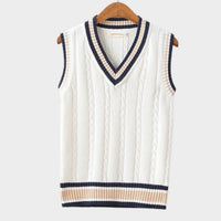 Men's V-Neck Cable Knit Striped Trim Sleeveless Sweater Vest