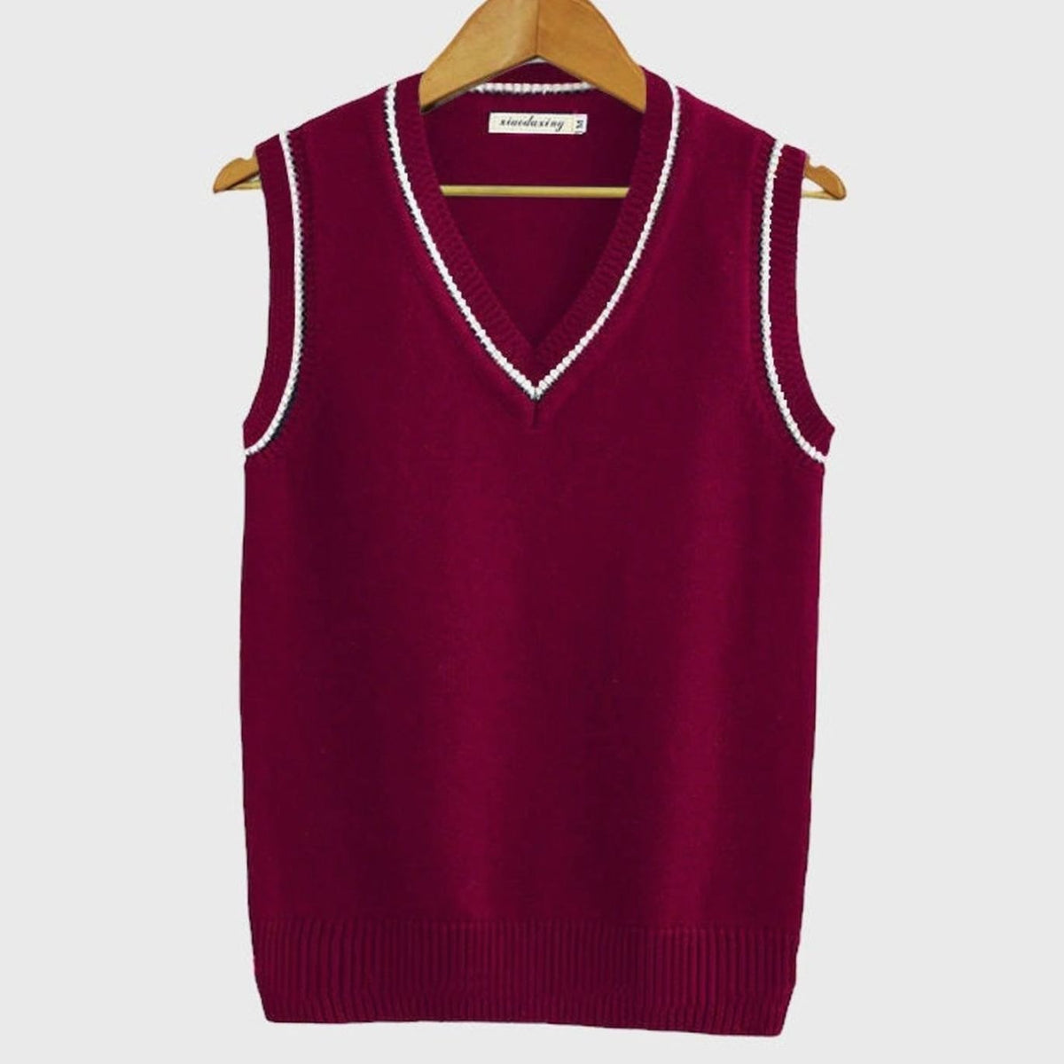 Men's V-Neck Cable Knit Striped Trim Sleeveless Sweater Vest