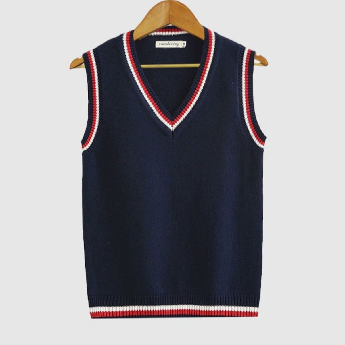 Men's V-Neck Cable Knit Striped Trim Sleeveless Sweater Vest
