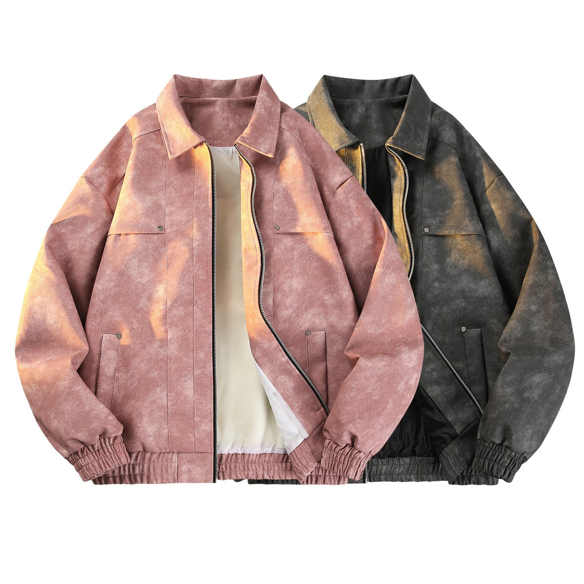 Men's Vintage-Inspired Velour-Look Transitional Jacket with Two-Way Zipper, Elastic Hem & Flap Pockets