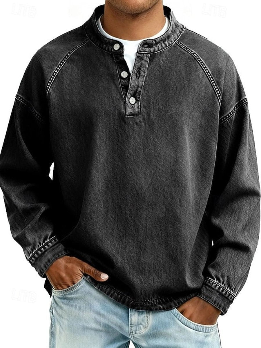 Men's Vintage Washed Long Sleeve Henley Knit Sweater Pullover