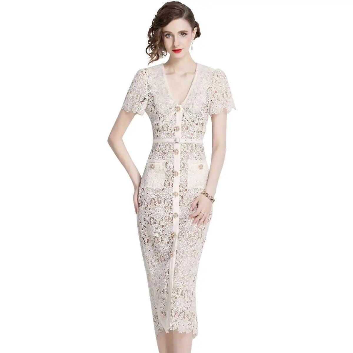 Michele | Women's V-Neck Lace Midi Dress - Image 1