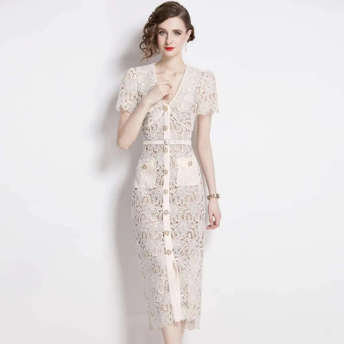 Michele | Women's V-Neck Lace Midi Dress - Image 2