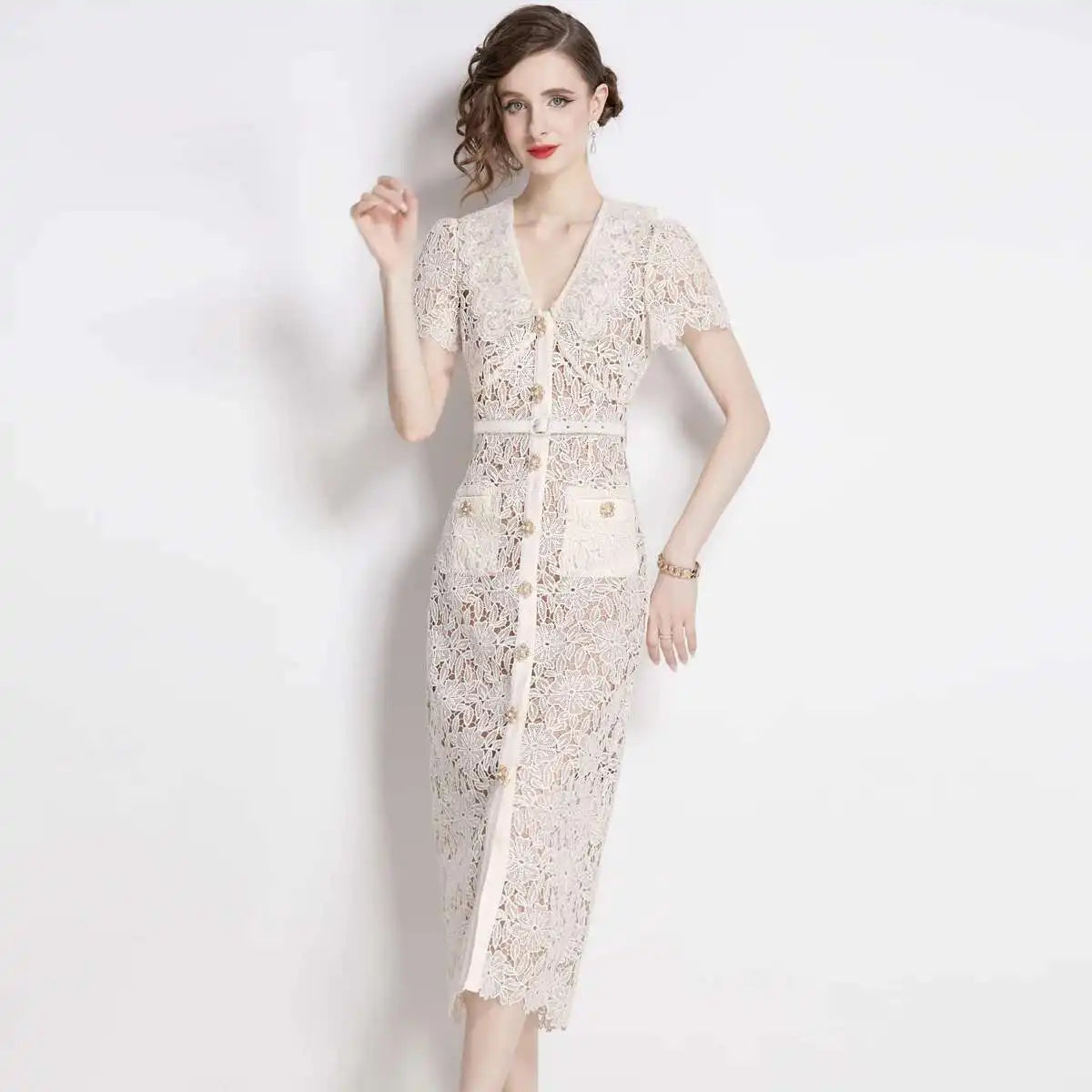 Michele | Women's V-Neck Lace Midi Dress - Image 3