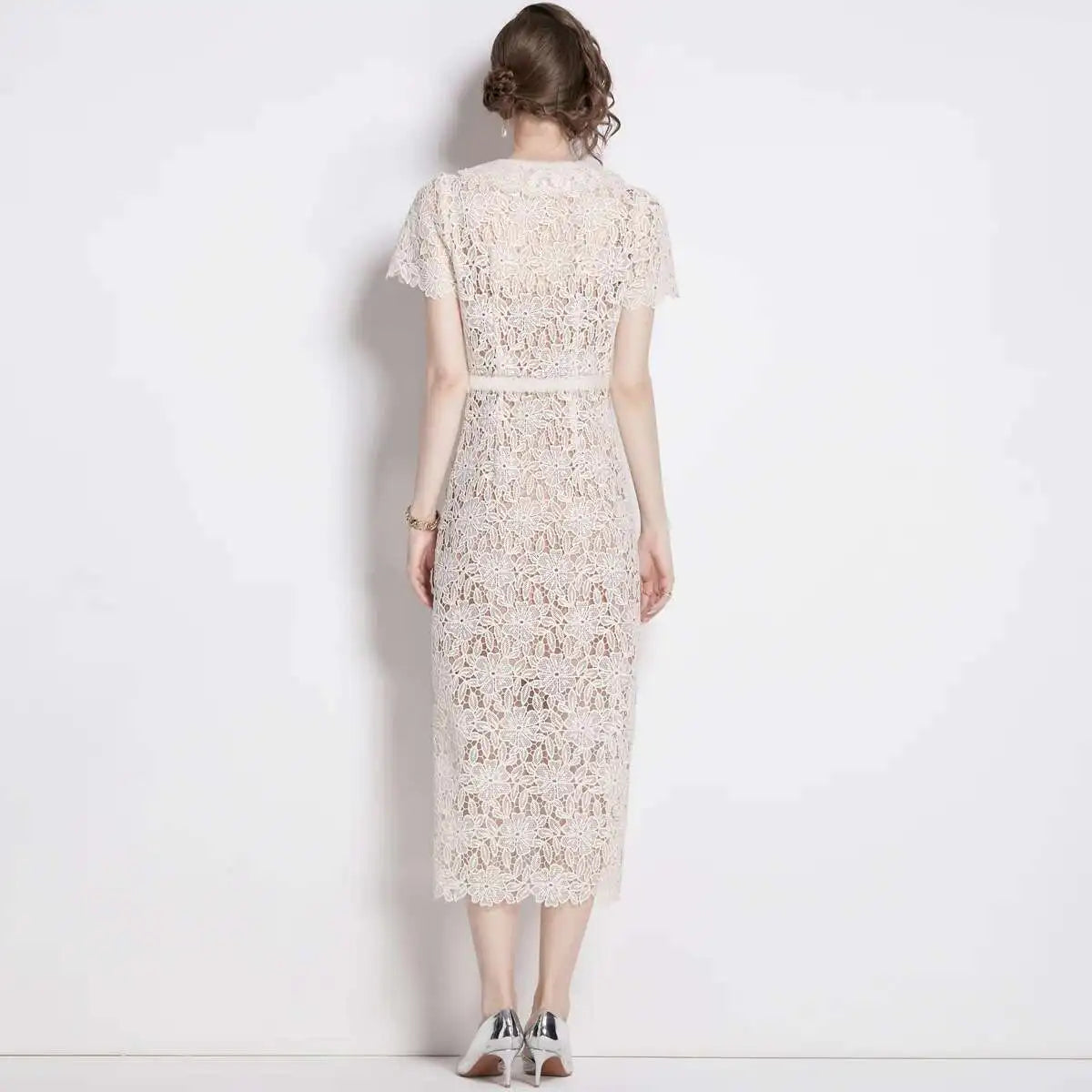 Michele | Women's V-Neck Lace Midi Dress - Image 4
