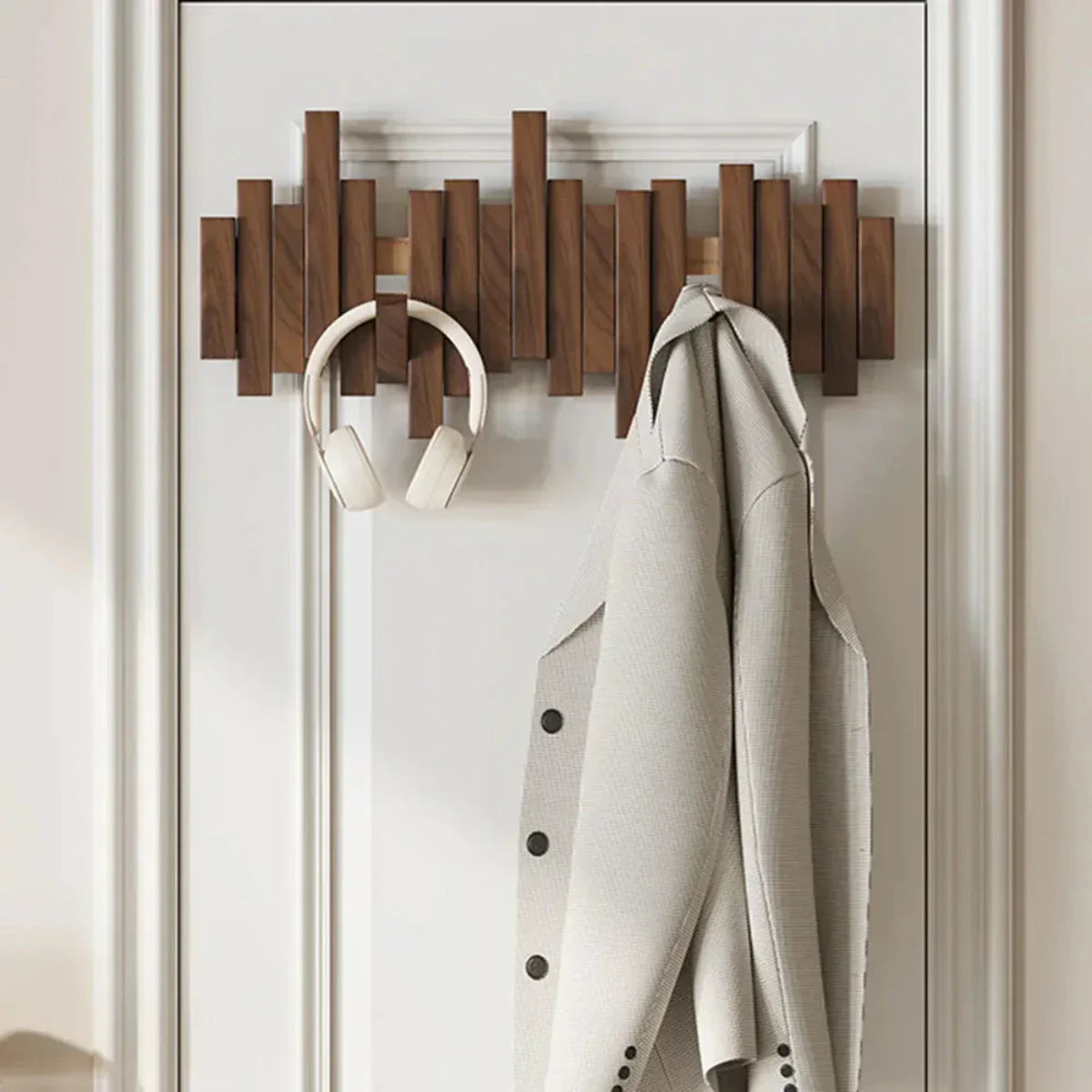 Modern Piano-Style Coat Rack Made of Walnut and Beech Wood