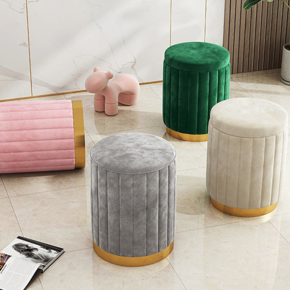 Nordic Chic Storage Ottoman – Elegant Round Pouf with Storage and Mirror Finish