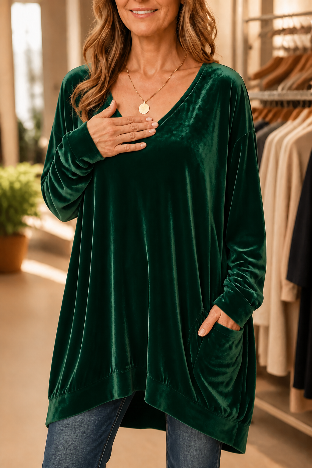 Oversized V-Neck Velvet-Look Tunic with Pockets