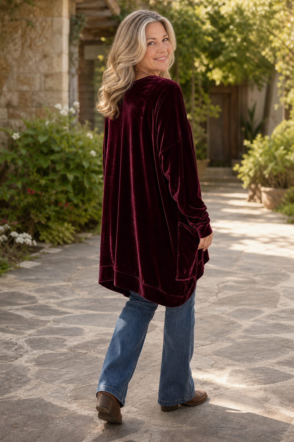 Oversized V-Neck Velvet-Look Tunic with Pockets