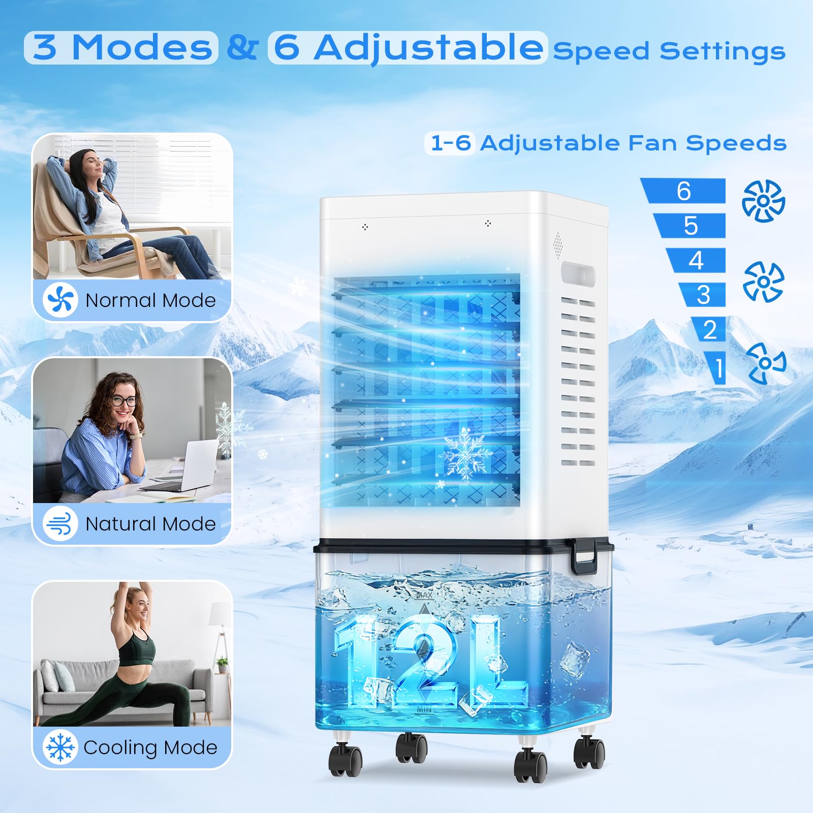 Portable Evaporative Air Cooler for Home, 12L Tank & Timer