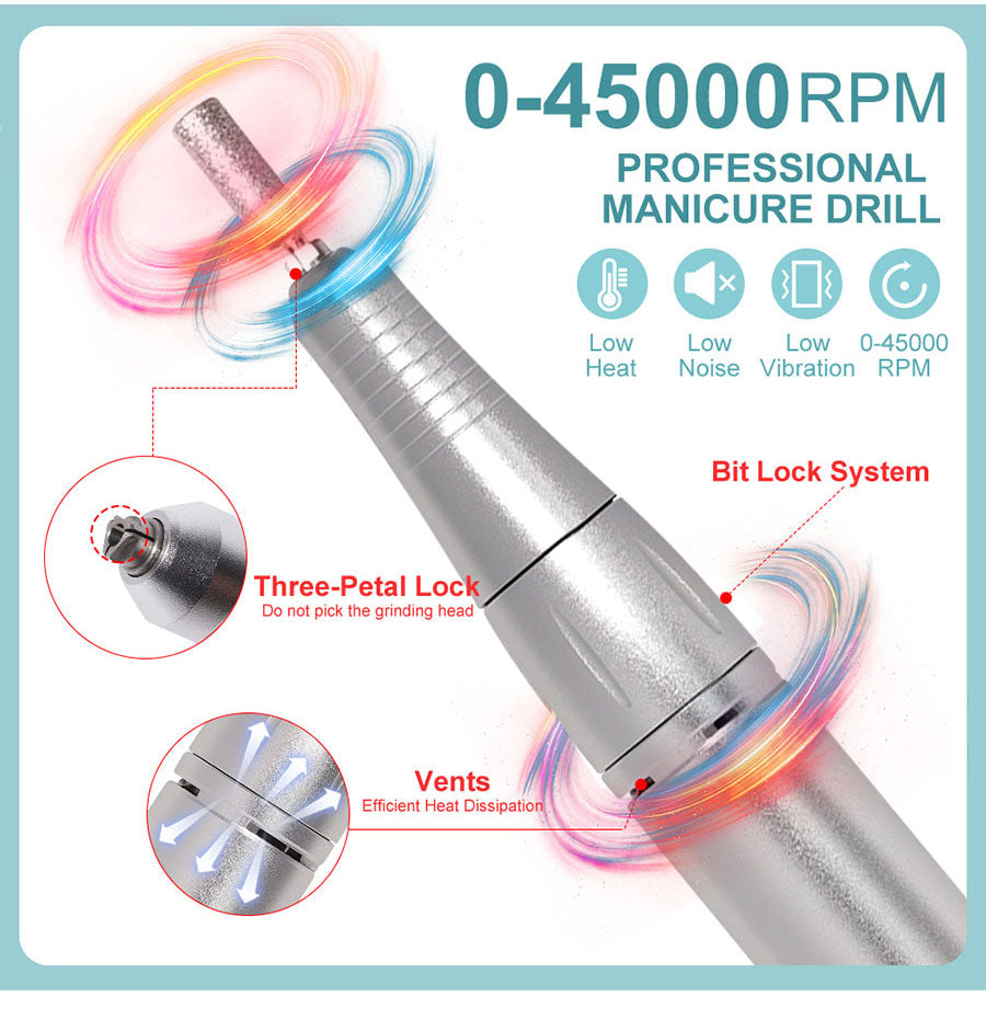 PROFESSIONAL 45000RPM PORTABLE ELECTRIC NAIL FILE WITH RECHARGEABLE BATTERY | LOW NOISE LEVEL FOR MANICURE