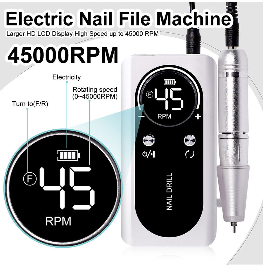 PROFESSIONAL 45000RPM PORTABLE ELECTRIC NAIL FILE WITH RECHARGEABLE BATTERY | LOW NOISE LEVEL FOR MANICURE