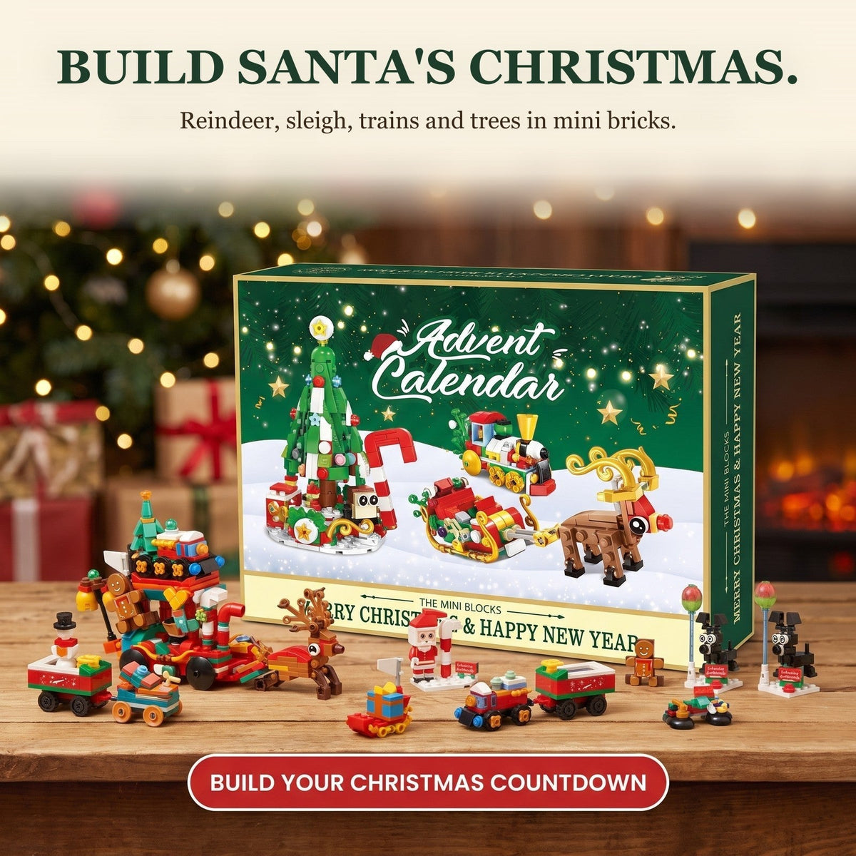Santa's Sleigh Mini Block Advent Calendar, Christmas Village Brick Set