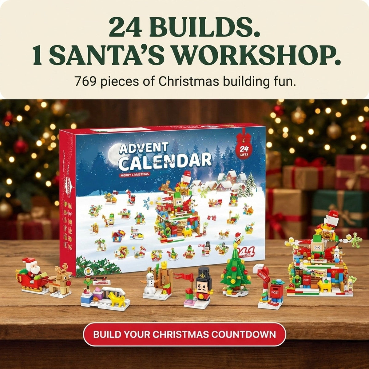 Santa's Workshop Advent Calendar, 24-in-1 Christmas Brick Set, 769 Pieces