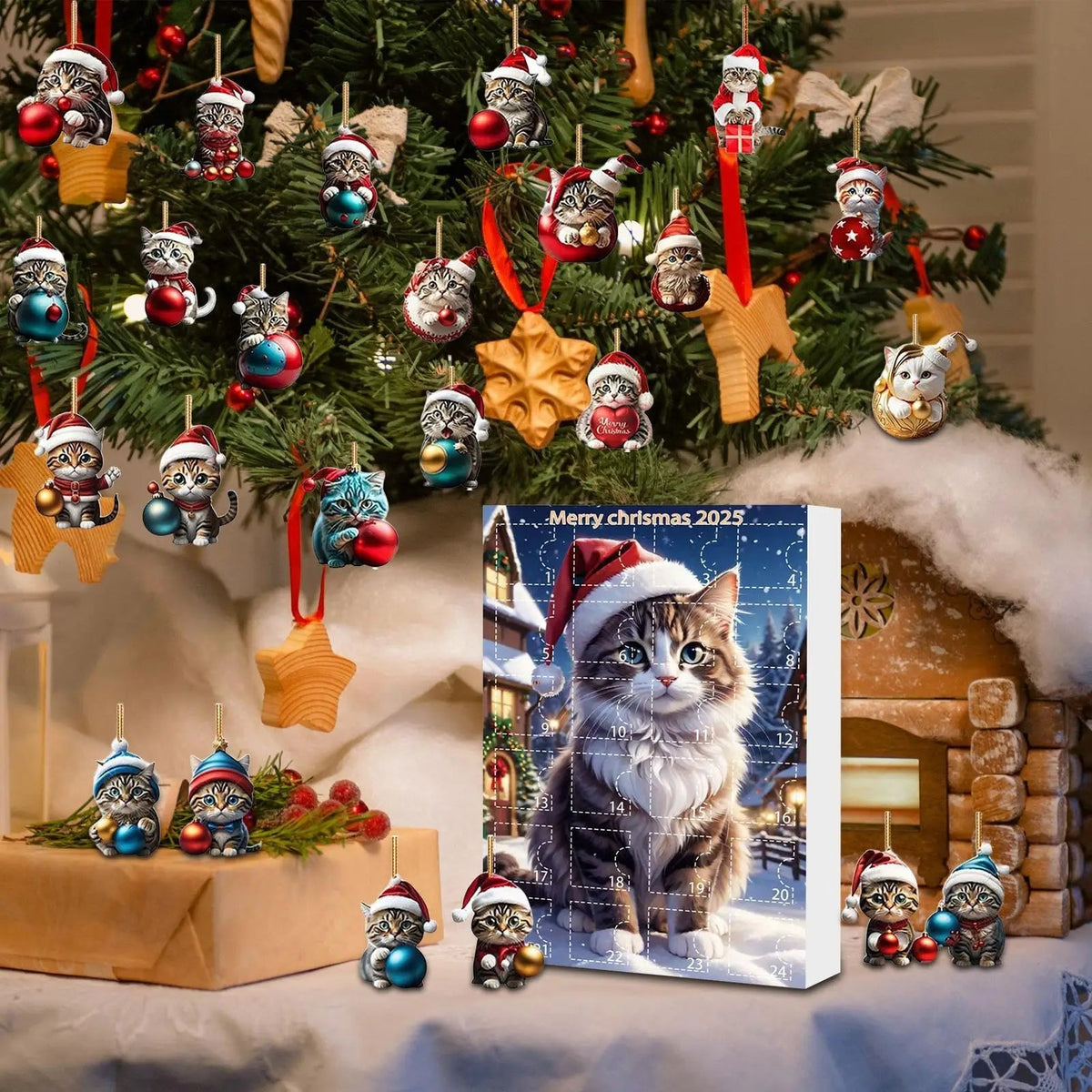 Set of 24 Cat Christmas Ornaments Made of Durable Acrylic for Advent Calendar Decoration