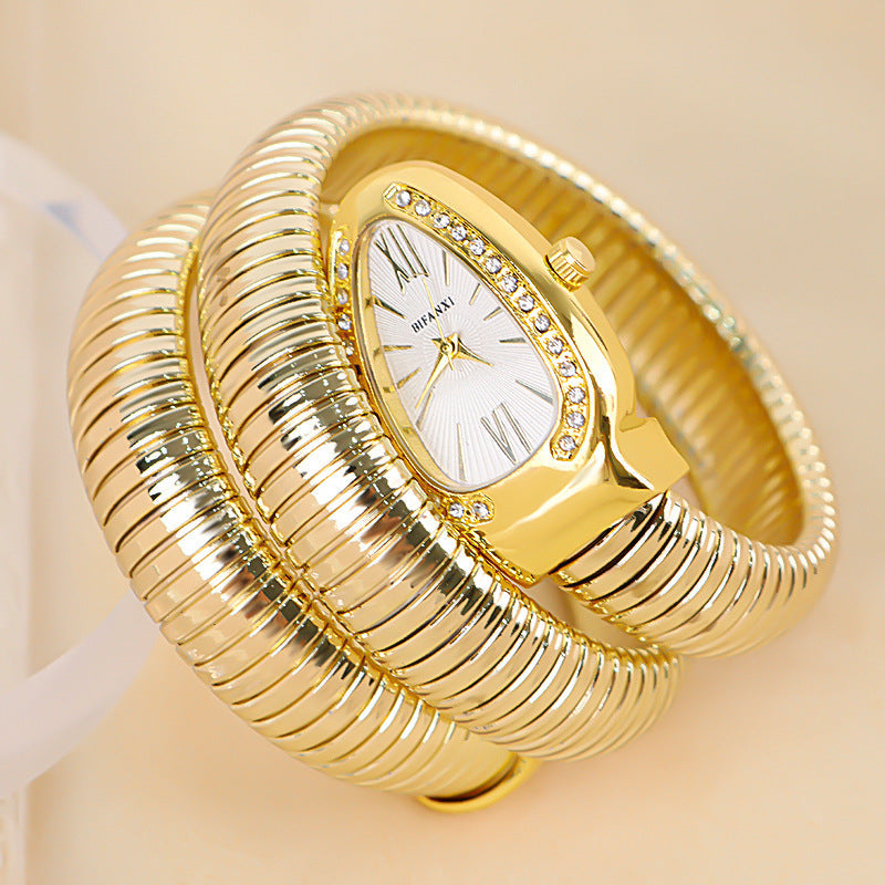 Snake-Style Quartz Watch with Stainless Steel Bracelet and Oval Dial