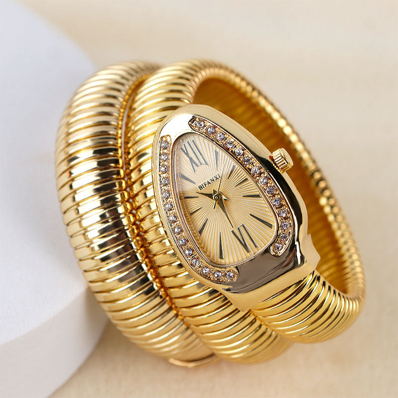 Snake-Style Quartz Watch with Stainless Steel Bracelet and Oval Dial