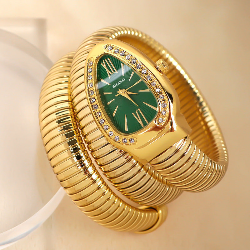 Snake-Style Quartz Watch with Stainless Steel Bracelet and Oval Dial