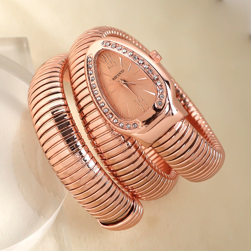 Snake-Style Quartz Watch with Stainless Steel Bracelet and Oval Dial