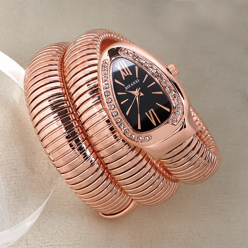 Snake-Style Quartz Watch with Stainless Steel Bracelet and Oval Dial