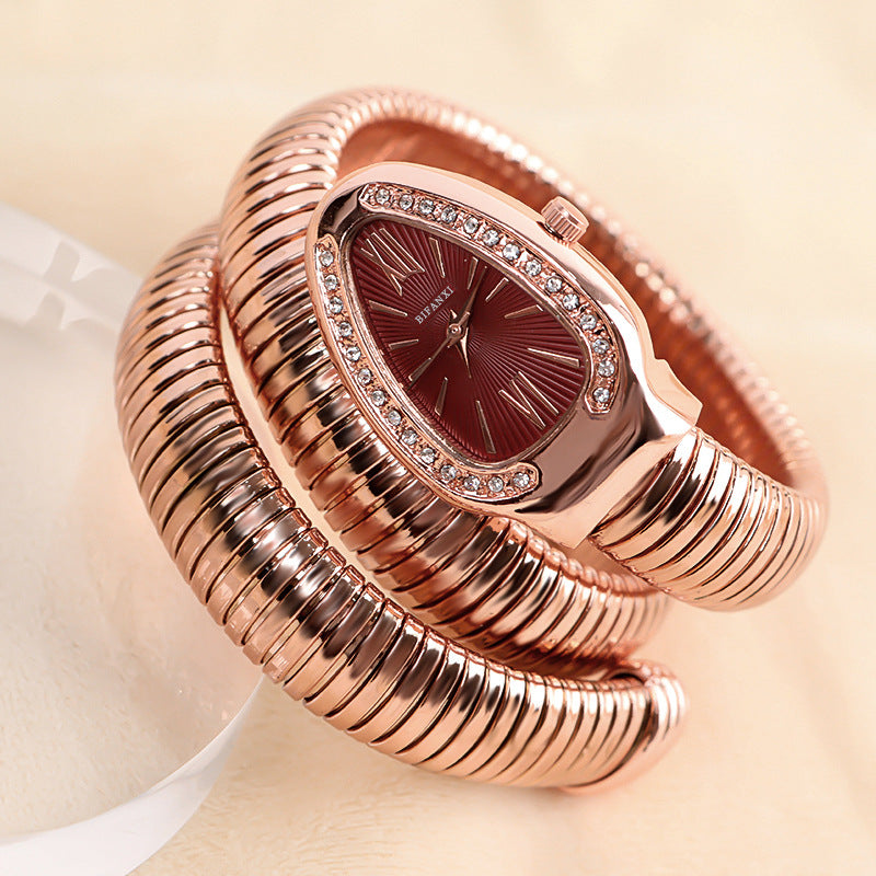Snake-Style Quartz Watch with Stainless Steel Bracelet and Oval Dial