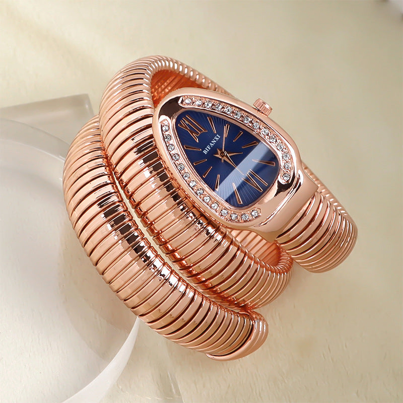 Snake-Style Quartz Watch with Stainless Steel Bracelet and Oval Dial